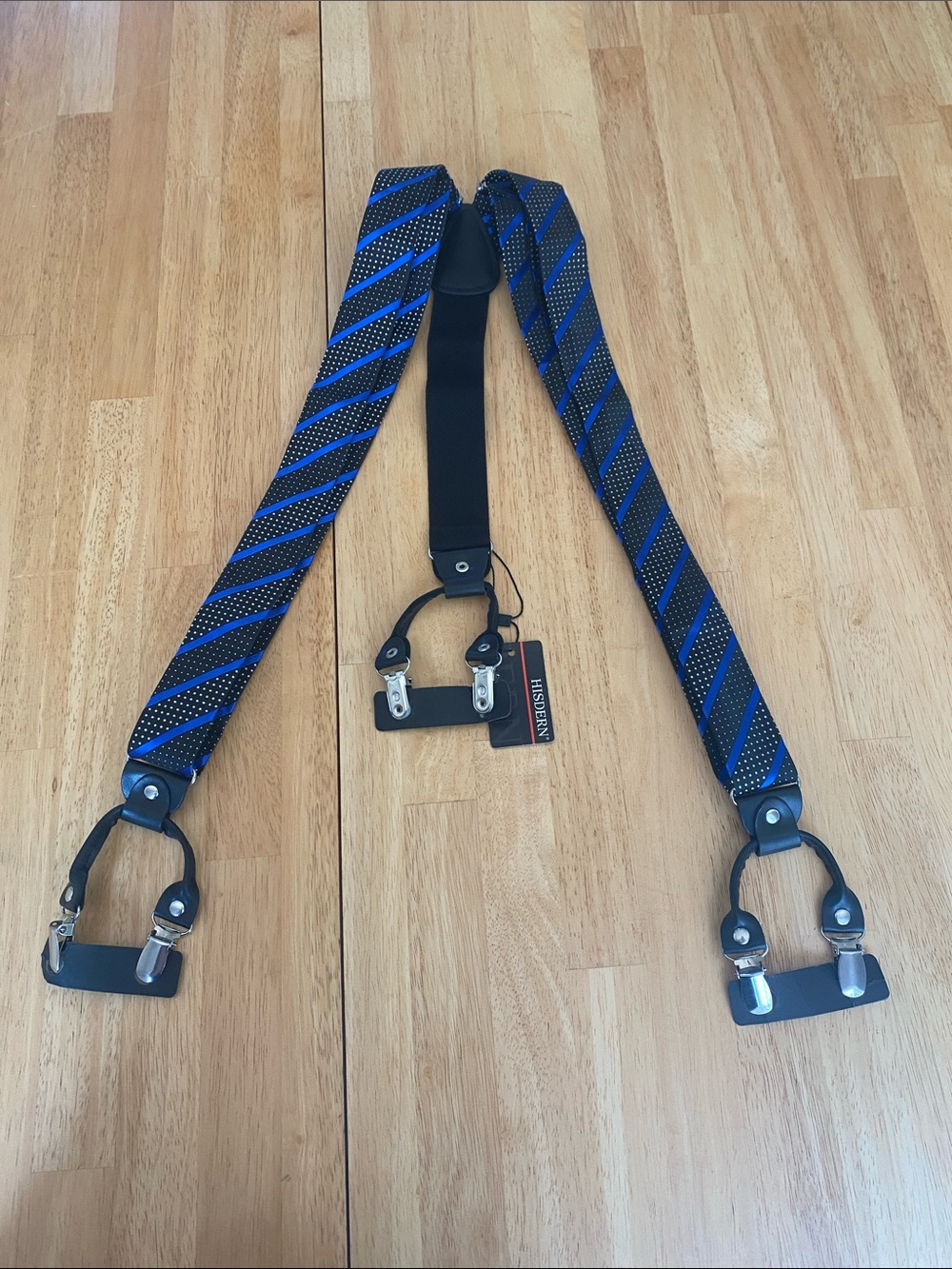 Mens Suspenders Adjustable Blue Stripe with Silver Accents